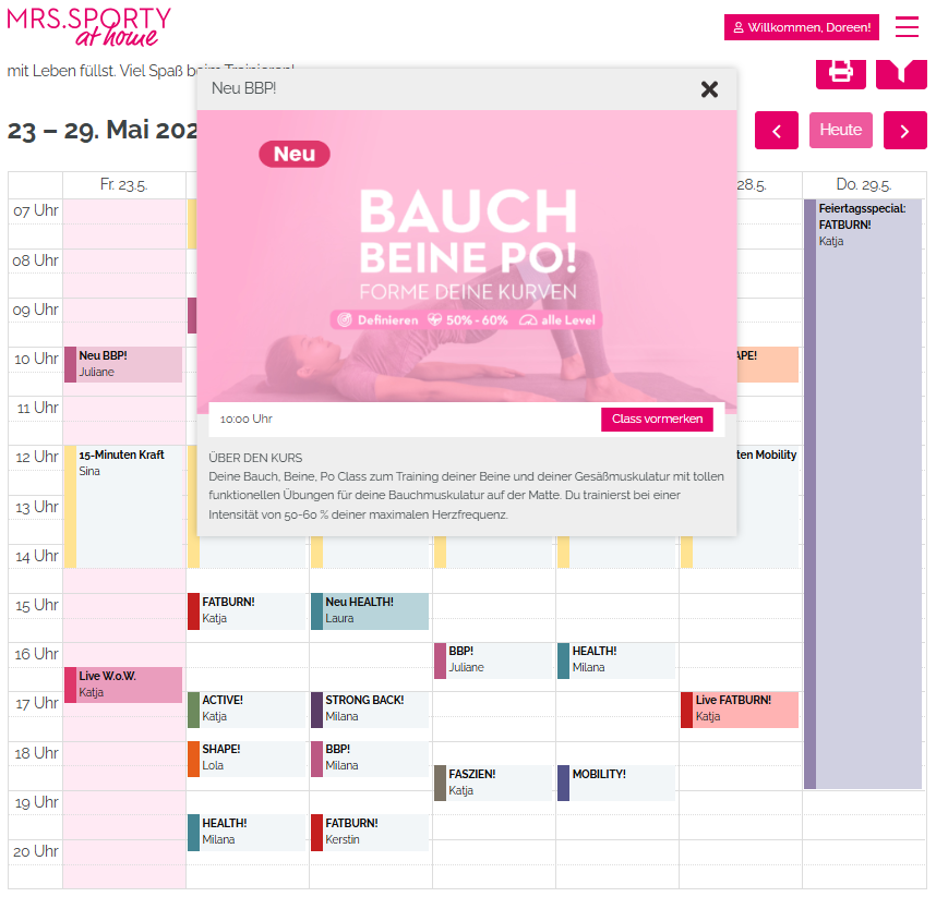 Mrs.Sporty Online-Fitness Kalender – Workout Wochenübersicht für Frauen Online-Fitness Kalender von Mrs.Sporty mit 30 Minuten Live- und
On-Demand-Workouts für Frauen, inklusive Mobility, Kraft,
Cardio und Präventionseinheiten.